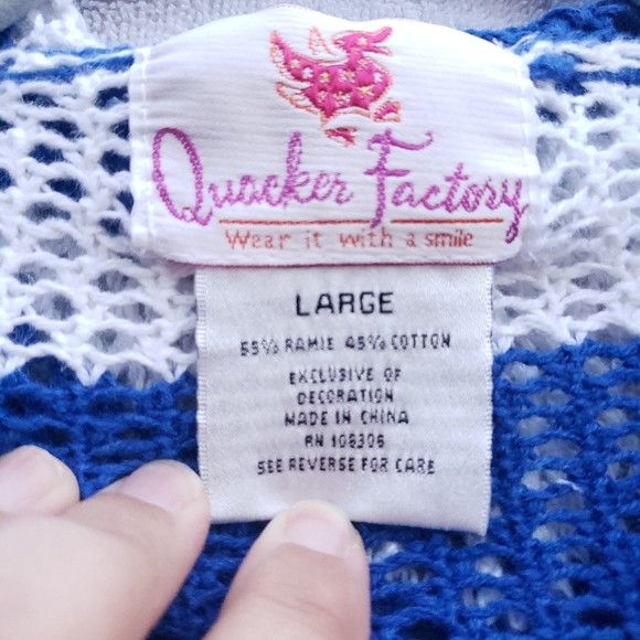 Quacker Factory Striped Crochet Zippered Cotton Blend Hooded Jacket Size Large - Picture 11 of 16